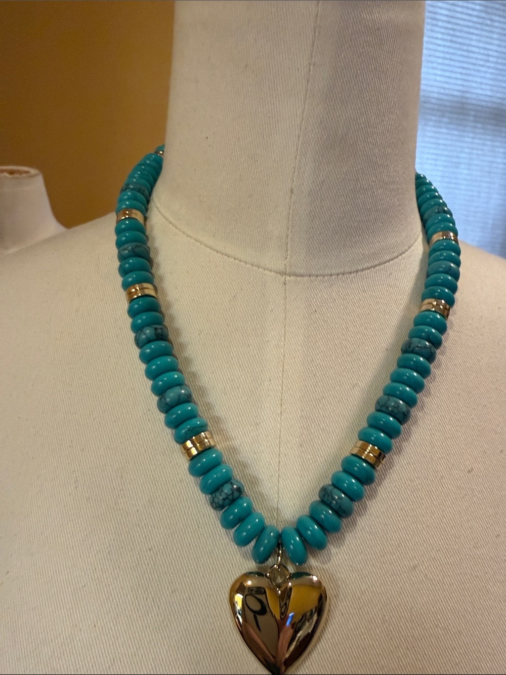 J. Crew Factory Turquoise Beaded Necklace with Gold Heart